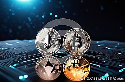 Bitcoin ETF coin, Ethereum, ETH, gold yellow, trading, chart, money, rich. Close-up bitcoin coin with flying coins Stock Photo