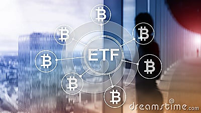 Bitcoin ETF cryptocurrency trading and investment concept on double exposure background. Stock Photo