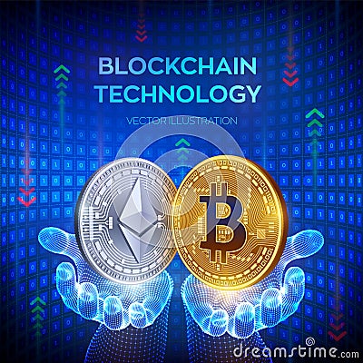 Bitcoin. Ethereum. Blockchain. 3D Physical bit coin. Block chain concept. Golden and silver coins with bitcoin and ethereum symbol Cartoon Illustration