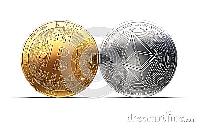 Bitcoin and Ethereum fights for the leadership isolated on white background. Editorial Stock Photo