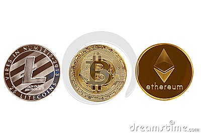 Bitcoin, ethereum and litecoin coins isolated on white background. Crypto currency - electronic virtual money for web banking and Editorial Stock Photo