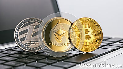 Bitcoin, Ethereum, Litecoin Digital cryptocurrencys on a notebook Editorial Stock Photo