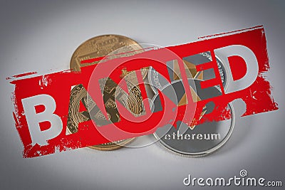 Bitcoin and ethereum on white background with a red banned sign Editorial Stock Photo
