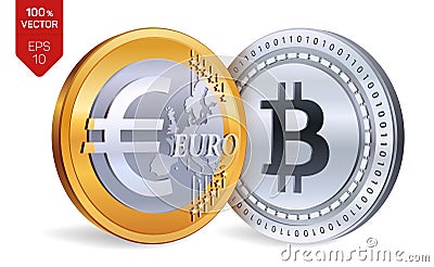 Bitcoin. Euro coin. 3D isometric Physical coins. Digital currency. Cryptocurrency. Golden and silver coins with Bitcoin and Euro s Cartoon Illustration