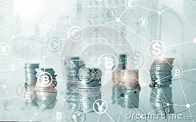Bitcoin Euro Dollar Finance Web Money concept. oins on virtual screen double exposure. Stock Photo