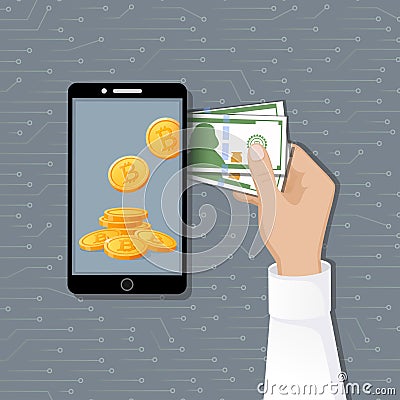 Bitcoin exchange concept. Cryptocurrency Capitalizations. A man`s hand with a cash money, phone and bitcoins. Vector Illustration