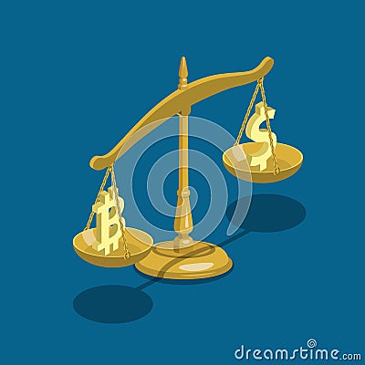 Bitcoin exchange rate bit coin and dollar flat vector isometric Vector Illustration