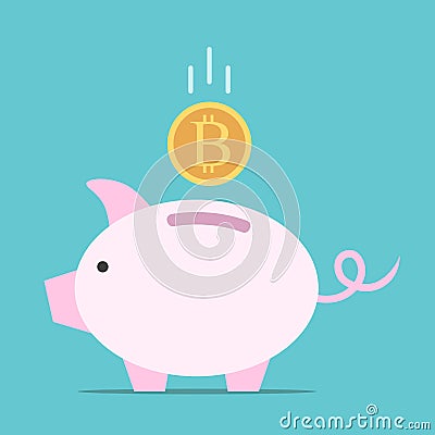 Bitcoin falling, piggy bank Vector Illustration