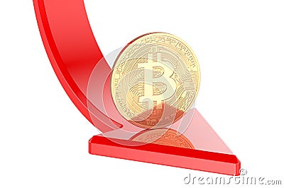 Bitcoin Falling Price concept. Bitcoin with Red Arrow Down, 3D rendering Stock Photo