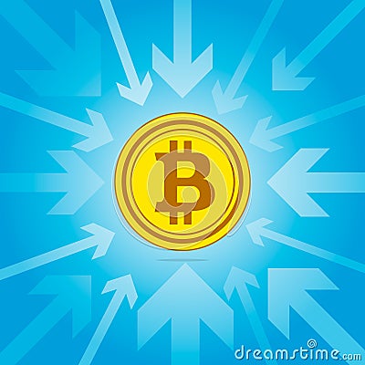 Bitcoin is the focus. The gold coin of the virtual crypto currency in the center is surrounded by arrows aimed at it Vector Illustration