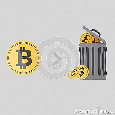 Bitcoin garbage. Trash can. 3D Cartoon Illustration