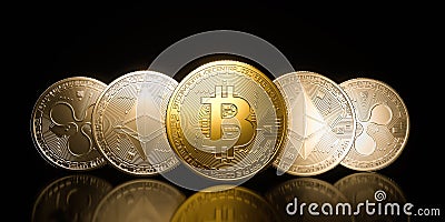 Bitcoin gold coin, Cryptocurrency on a black background. 3D rendering illustration. Cartoon Illustration