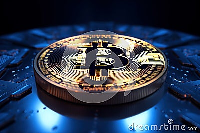 A bitcoin gold coin in the middle of gold bars on a dark blue background Stock Photo