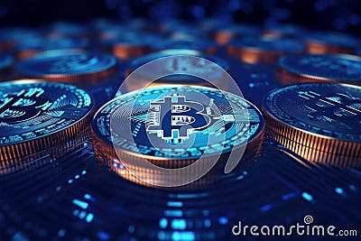 A bitcoin gold coin in the middle of gold bars on a dark blue background Stock Photo