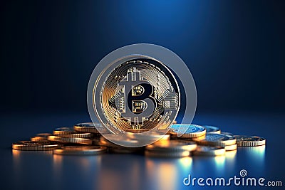 A bitcoin gold coin in the middle of gold bars on a dark blue background Stock Photo