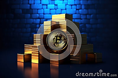 A bitcoin gold coin in the middle of gold bars on a dark blue background. Created using generative AI Stock Photo