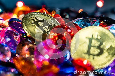 Bitcoin Gold coins strewn with various stones. Golden bitcoin cryptocurrency mining concept Stock Photo