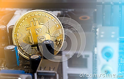Bitcoin golden coin on circuit background. bitcoin mining concept Editorial Stock Photo
