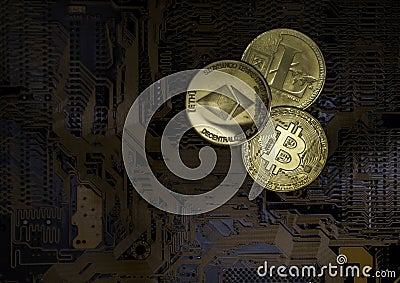 Bitcoin golden coin on computer circuit board. Editorial Stock Photo