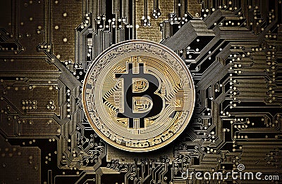 Bitcoin golden coin on computer circuit board Stock Photo