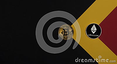 Bitcoin golden coin and ethereum silver on black banner with copy space for text Editorial Stock Photo