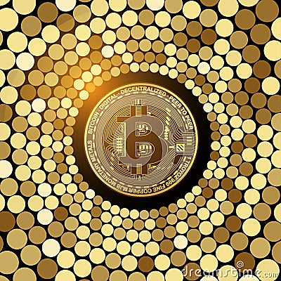 Bitcoin Golden Coin on glitter mosaic background. Vector Illustration