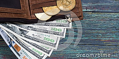 Bitcoin golden coin New virtual money and dollar background Stock Photo