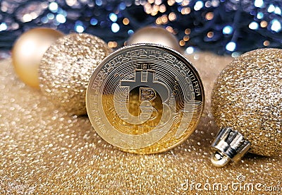 Bitcoin golden coin on a shiny Christmas background stock photo images Stock Photo