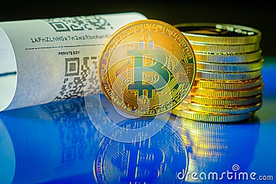 Bitcoin golden coins and paper receipt Stock Photo