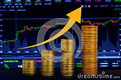 Bitcoin golden Medal Money growth Saving money. Upper coins shown concept of growing business Graph of financial growth Stock Photo