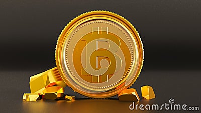 bitcoin and golden nuggets isolated on dark background Stock Photo
