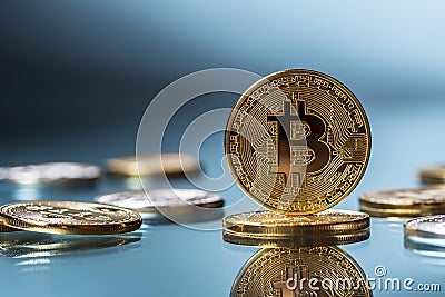 Bitcoin. Golden and silver bitcoins - virtual cryptocurrency Stock Photo