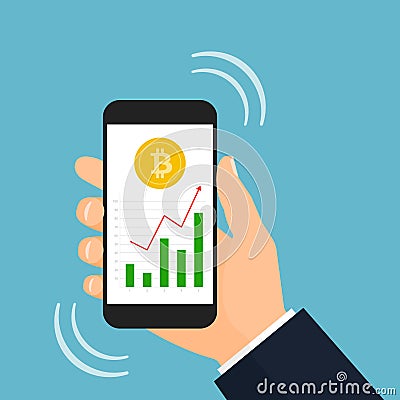 Bitcoin graph up alert on smartphone screen illustration Stock Photo