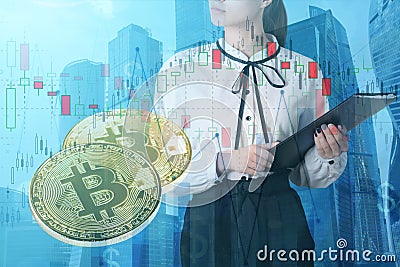 Bitcoin graphics,Cryptocurrency financial charts and business woman, digital virtual currency concept Stock Photo