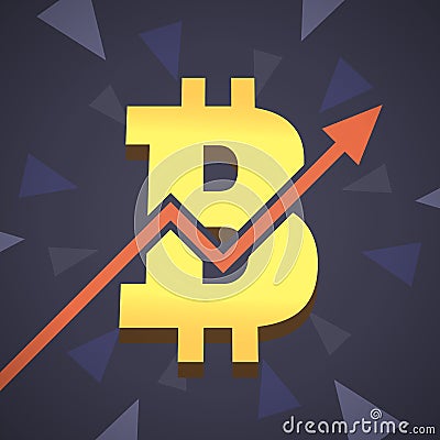 Bitcoin grow up illustration. Big golden bitcoin icon with arrow on backgound. Cartoon Illustration