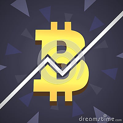 Bitcoin grow up illustration. Big golden bitcoin icon with graphic on backgound. Cartoon Illustration