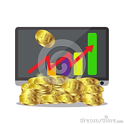 Bitcoin growth concept Payment and trade on computer symbol Bitcoin revenue illustration Stacks of gold coins like income graph wi Vector Illustration