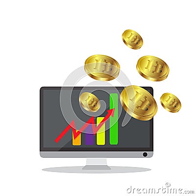 Bitcoin growth concept Payment and trade on computer symbol Bitcoin revenue illustration Stacks of gold coins like income graph wi Cartoon Illustration