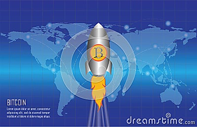 Bitcoin growth conceptual with bitcoin logo rocket launcher on w Cartoon Illustration