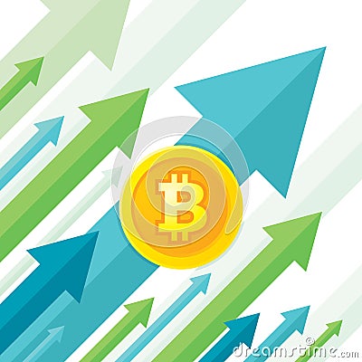 Bitcoin growth up trend - creative vector concept illustration in flat style. Digital cryptocurrency business concept banner. Vector Illustration