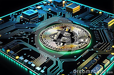 Bitcoin Icon Fused with a Myriad of Digital Currencies - Taking the Form of a Complex Glowing Circuit Stock Photo