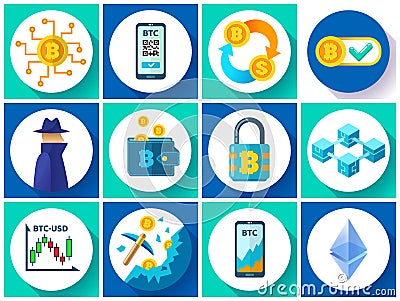 Bitcoin icons set, cryptocurrency mining, blockchain technology Vector Illustration