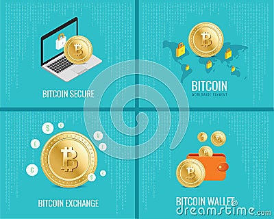 Bitcoin illustration set - coins, wallet, secure and exchange icons on the digital blue background. Vector Illustration