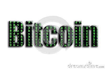 Bitcoin. The inscription has a texture of the photography, which depicts the green glitch symbols Stock Photo