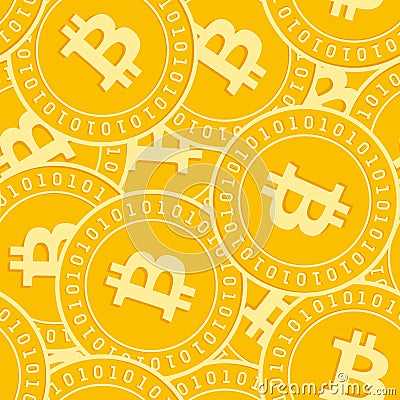 Bitcoin, internet currency coins seamless pattern. Sightly scattered BTC coins. Big win or success c Vector Illustration