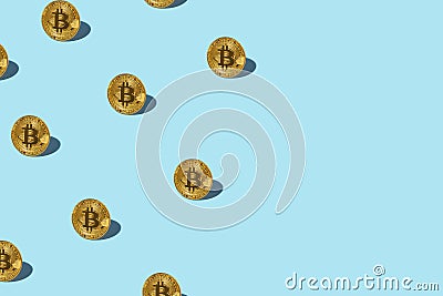 Bitcoin izometric pattern on bright light blue background. Stock Photo