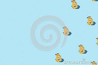 Bitcoin izometric pattern on bright light blue background. Stock Photo