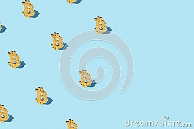 Bitcoin izometric pattern on bright light blue background. Stock Photo
