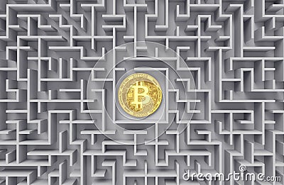 Bitcoin laying down in the middle of labyrinth or maze. Cryptocurrencies as a key or solution to financial problems. 3D rendering Stock Photo