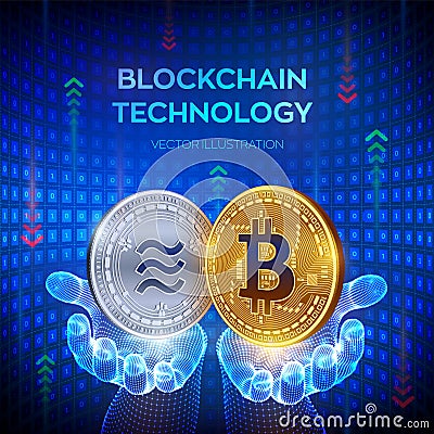 Bitcoin. Libra. Blockchain. 3D Physical bit coin. Block chain concept. Golden and silver coins with bitcoin and libra symbol in Cartoon Illustration